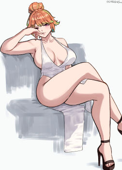1girl absurdres bare_legs breasts cleavage commentary crossed_legs dress english_commentary full_body hair_bun high_heels highres hololive hololive_english large_breasts looking_at_viewer orange_hair purple_eyes simple_background sitting solo takanashi_kiara thighs vicarious virtual_youtuber white_background white_dress