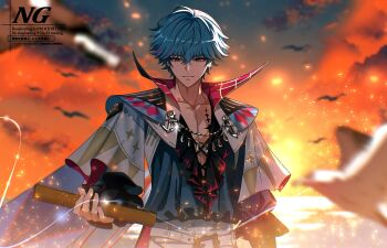 1boy blue_hair blue_shirt blurry blurry_background brant_(wuthering_waves) closed_mouth collarbone commentary earrings english_commentary evening hair_between_eyes highres holding holding_map jewelry looking_at_object looking_down male_focus map multicolored_hair open_clothes open_shirt orange_sky outdoors pink_eyes sae_naiyatsu shirt short_hair sky smile solo streaked_hair tacet_mark_(wuthering_waves) treasure_map upper_body watermark wuthering_waves