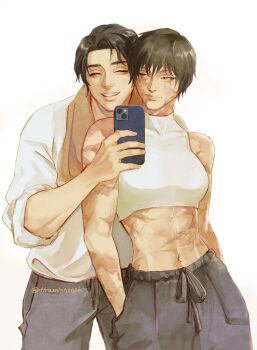 1boy 1girl abs absurdres black_hair black_pants breasts burn_scar closed_eyes closed_mouth couple crop_top cropped_legs elz_(tiramisooooh) green_hair grey_eyes hands_in_pockets highres holding holding_phone jujutsu_kaisen light_smile looking_at_another medium_breasts midriff multiple_scars muscular muscular_female navel pants parted_bangs phone scar scar_on_arm scar_on_face scars_all_over shirt short_hair simple_background sleeveless smile sweater sweatpants taking_picture too_many white_background white_shirt white_sweater zen'in_maki