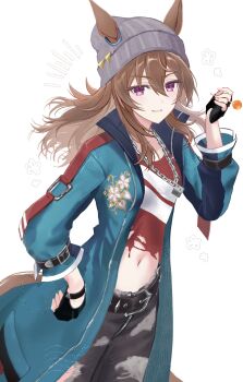 1girl absurdres animal_ears beanie black_gloves blue_coat brown_hair candy coat dice dice_necklace ears_through_headwear fingerless_gloves food gloves grey_hat hair_between_eyes hat highres horse_ears horse_girl horse_tail jewelry lollipop long_hair long_sleeves looking_at_viewer mumumu_o08 nakayama_festa_(umamusume) necklace purple_eyes red_shirt shirt simple_background smile solo striped_clothes striped_shirt tail torn_clothes torn_shirt umamusume white_background