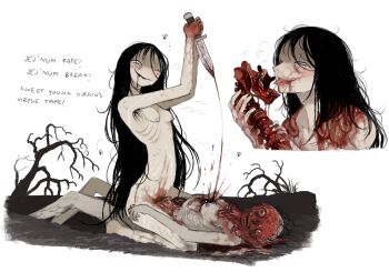 1girl armpit_hair black_hair blood blood_on_body blood_on_hands bone breasts bug completely_nude corpse cowgirl_position death dirt english_text ero_guro flesh fly guro highres holding holding_bone holding_knife insect intestines jejejunum jejenum_(jejejunum) knife long_hair mud murder mutilation necrophilia nude organs original rape ribs skinned small_breasts spine stab straddling very_long_hair