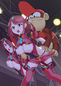 1boy 1girl :o absurdres armor ass_grab bestiality blush bodysuit breasts breasts_out ceiling_light clothes_pull crossover diddy_kong donkey_kong_(series) donkey_kong_country highres large_breasts livestream molestation monkey nintendo open_mouth pyra_(xenoblade) rape red_hair red_thighhighs screen sexually_suggestive shorts shorts_pull super_smash_bros. teeth thighhighs torn_bodysuit torn_clothes upper_teeth_only xenoblade_chronicles_(series) xenoblade_chronicles_2
