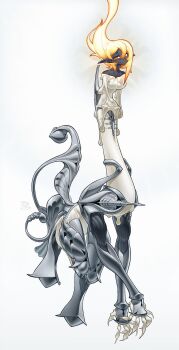 1girl absurdres azurec66 candle candle_wax centauroid claws creature dark-skinned_female dark_skin dress fire full_body highres humanization looking_at_viewer monster_girl open_mouth orange_eyes original pointy_ears taur white_background white_dress