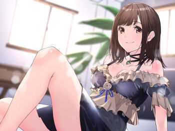 Rule 34 | 1girl, absurdres, bare shoulders, blue dress, blurry, blurry background, breasts, brown eyes, brown hair, cleavage, closed mouth, collarbone, commentary request, dress, frilled dress, frills, highres, indoors, knee up, looking at viewer, medium breasts, medium hair, natsuki-oneesama (yubinotacto), off-shoulder dress, off shoulder, smile, solo, sone (takahiro-osone), voice drama available, yubinotacto