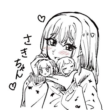 1girl bang_dream! bang_dream!_it's_mygo!!!!! blush character_doll commentary_request doll extreme_yuri_buta greyscale heart implied_yuri long_sleeves misumi_uika monochrome open_mouth photo-referenced spot_color sweater togawa_sakiko
