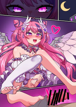 angel_wings asymmetrical_legwear bare_shoulders barefoot bodypaint diuda footjob glowing glowing_eyes highres indie_virtual_youtuber ironmouse ironmouse_(fallen_angel) multicolored_hair painted_clothes pink_hair purple_eyes streaked_hair virtual_youtuber wings