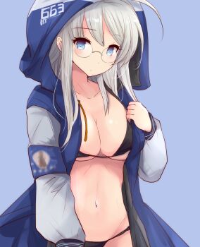 1girl ahoge bikini bikini_under_clothes black_bikini blue_eyes breasts commentary_request glasses grey_hair heywood_l._edwards_(kancolle) heywood_l._edwards_(rainy_season)_(kancolle) highres hirune_(konekonelkk) hood hood_up hooded_jacket jacket kantai_collection large_breasts long_hair navel raincoat round_eyewear solo swimsuit very_long_hair