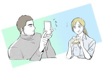 Rule 34 | 1boy, 1girl, beard stubble, black hair, blonde hair, blue eyes, blue shirt, cellphone, chris redfield, collared shirt, commentary request, eating, facial hair, food, food in mouth, highres, jill valentine, long hair, phone, ponytail, resident evil, resident evil village, sandwich, shirt, smartphone, stubble, t (t345678912)