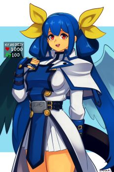 1girl angel_wings artist_name asymmetrical_wings belt blue_background blue_hair border breasts commentary cosplay dizzy_(guilty_gear) english_commentary english_text fingerless_gloves gloves guilty_gear guilty_gear_xrd hair_between_eyes hair_ribbon hair_rings hand_on_own_chest highres ky_kiske ky_kiske_(cosplay) large_breasts open_mouth red_eyes ribbon sidelocks smgold solo tail thighs twintails white_border wings yellow_ribbon