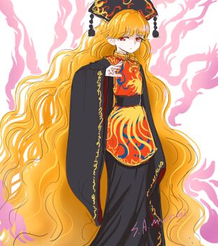 Rule 34 | 1girl, absurdly long hair, arm up, artist name, black dress, blonde hair, chinese clothes, closed mouth, commentary request, dalachi (headdress), dress, expressionless, junko (touhou), long hair, long sleeves, looking at viewer, puffy sleeves, red eyes, red tabard, s-a-murai, solo, tabard, touhou, very long hair, white background