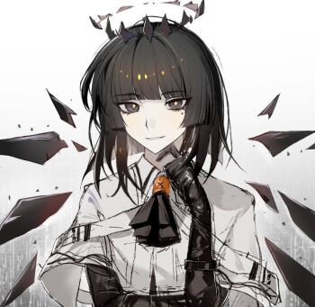 1girl arknights ascot black_ascot black_eyes black_gloves black_hair black_halo black_wings bright_pupils camille407 chinese_commentary commentary_request elbow_gloves eyes_visible_through_hair gloves halo hand_on_own_chin looking_at_viewer medium_hair mole mole_under_eye shirt short_sleeves smile solo tsurime upper_body virtuosa_(arknights) white_background white_shirt wings yellow_pupils