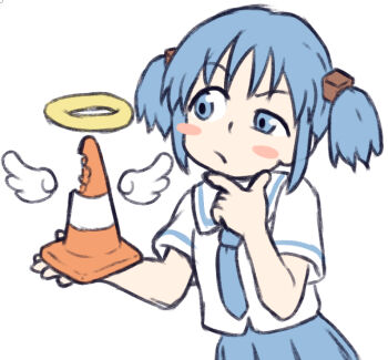 1girl angel_wings beachepisode blue_eyes blue_hair blue_necktie blue_skirt blush_stickers choppy_bangs closed_mouth cube_hair_ornament hair_ornament halo naganohara_mio necktie nichijou school_uniform short_hair short_sleeves short_twintails simple_background skirt solo thinking tokisadame_school_uniform traffic_cone twintails upper_body white_background wings