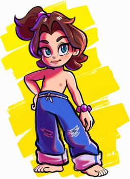 1girl aged_down arm_at_side armpit_crease artist_request baggy_pants barefoot blue_eyes bracelet brown_hair clenched_hand curtained_hair denim donkey_kong_(series) donkey_kong_bananza eyelashes feet female_focus flat_chest freckles full_body hair_intakes hair_ornament hand_on_own_hip highres jeans jewelry lips loli looking_at_viewer medium_hair neck nintendo nipples no_shirt pants pants_rolled_up parted_bangs pauline_(mario) pauline_(young)_(mario) rope_belt shiny_skin side_ponytail sidelocks small_nipples smile standing stomach thick_eyebrows toes topknot topless_female torn_clothes torn_pants