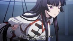 1girl animated anime_screenshot arms_behind_back bdsm black_hair bodysuit bondage bound bound_arms bound_breasts breasts code_geass code_geass:_dakkan_no_roze highres large_breasts long_hair official_alternate_costume red_eyes sound straitjacket subtitled sumeragi_sakuya sweatdrop tagme very_long_hair video white_bodysuit