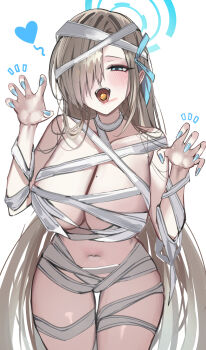1girl absurdres asuna_(blue_archive) bandaged_arm bandaged_chest bandaged_leg bandages blonde_hair blue_archive blue_eyes blue_halo blue_nails breasts claw_pose commentary_request fingernails food_in_mouth halloween halloween_costume halo heart highres large_breasts long_fingernails long_hair looking_at_viewer mango_(mango0208) midriff mummy_costume navel sharp_fingernails simple_background solo thighs very_long_hair white_background