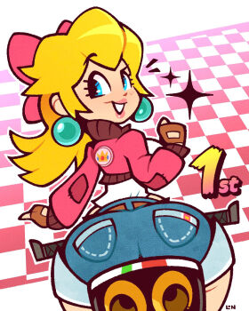 1girl ass ass_focus blonde_hair blue_eyes bow breasts cropped_jacket fingerless_gloves from_behind gloves highres jacket large_breasts legendofnerd lips long_hair long_sleeves looking_back mario_(series) mario_kart mario_kart_world motor_vehicle nintendo pink_bow ponytail princess_peach shorts sitting