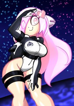 1girl absurdres alternate_costume ami_(gwain_saga) animal_ears armband backpack bag bodysuit commentary cowboy_shot diving_suit english_commentary fake_animal_ears gwain_saga hair_ornament hand_on_own_hip heart heart_hair_ornament highres jek_korpen leotard long_hair looking_at_viewer multicolored_swimsuit night ocean orca orca_print pink_eyes pink_hair skin_tight smile solo star_(sky) swimsuit thigh_strap turtleneck very_long_hair white_leotard wide_hips