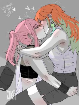 2girls alternate_costume baseball_cap blush breasts cleavage commentary couple earrings english_commentary feather_earrings feathers fishnet_top fishnets french_kiss halter_shirt halterneck hat highres holding hololive hololive_english jasper_xandros jewelry kiss large_breasts like_and_retweet long_hair mori_calliope mori_calliope_(streetwear) multicolored_hair multiple_girls official_alternate_costume open_mouth orange_hair pants pink_hair skull_and_crossbones skull_print sweatpants takanashi_kiara virtual_youtuber