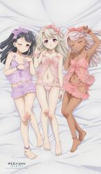 3girls anklet armpits arms_up babydoll barefoot black_hair blonde_hair blush bracelet breasts brown_eyes chloe_von_einzbern cleavage closed_eyes collarbone copyright_name dark-skinned_female dark_skin fate/kaleid_liner_prisma_illya fate_(series) feet full_body groin hair_ribbon highres illyasviel_von_einzbern jewelry loli long_hair miyu_edelfelt multiple_girls navel official_art one_eye_closed panties parted_lips pink_babydoll pink_hair pink_panties pink_ribbon pink_shorts purple_babydoll purple_ribbon purple_shorts red_eyes red_panties ribbon shorts small_breasts stomach thighs underwear