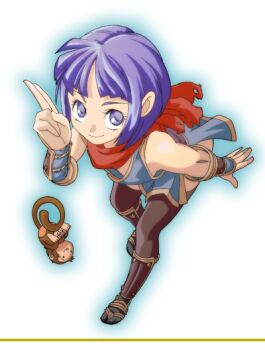 1girl akihiro_(chimuya) black_socks blue_dress blunt_bangs breasts brown_thighhighs closed_mouth commentary_request dress full_body kuji-in leaning_forward looking_at_viewer monkey ninja ninja_(ragnarok_online) purple_eyes purple_hair ragnarok_online red_scarf scarf short_hair simple_background sleeveless sleeveless_dress small_breasts smile socks solo standing tabi thighhighs vambraces white_background yoyo_(ragnarok_online)