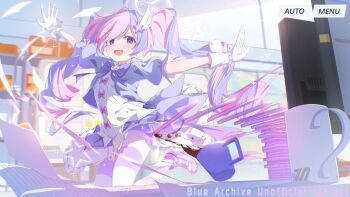 1girl absurdres blue_archive blue_hair bow bowtie clothes_lift coffee coffee_mug commentary copyright_name cup drill_hair english_commentary full_body gloves hair_ornament highres indoors jacket kneeling layered_skirt long_hair looking_at_viewer mary_janes mug multicolored_hair multicolored_skirt open_mouth outstretched_arms pantyhose paper pink_bow pink_hair pink_shoes purple_bow purple_bowtie purple_eyes purple_jacket reisa_(blue_archive) reisa_(magical)_(blue_archive) shirt shoes skirt skirt_lift smile solo sparkle spice_mega spread_arms star_(symbol) star_hair_ornament striped_clothes striped_pantyhose twin_drills twintails two-tone_hair v-shaped_eyebrows very_long_hair white_gloves white_shirt wind wind_lift