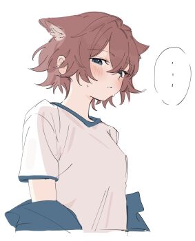 ... 1girl animal_ears blue_eyes blue_jacket blush breasts brown_hair closed_mouth extra_ears jacket jacket_partially_removed look_4rt looking_at_viewer original shirt short_hair short_sleeves simple_background sketch small_breasts solo spoken_ellipsis sweatdrop upper_body white_background white_shirt