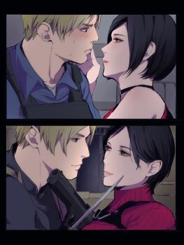 1boy 1girl ada_wong bare_shoulders black_border black_choker black_hair black_shirt blonde_hair blue_shirt blush border breasts chest_harness choker closed_mouth crossed_weapons dress gun hand_on_another's_cheek hand_on_another's_face handgun harness hetero highres holding holding_gun holding_knife holding_weapon knife leon_s._kennedy light_smile looking_at_another medium_breasts nuboo2836 red_dress resident_evil resident_evil_2 resident_evil_4 shirt sleeveless sleeveless_dress sweatdrop sweater swept_bangs time_progression turtleneck turtleneck_sweater upper_body weapon