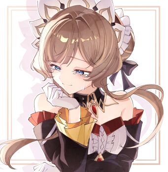 1girl bare_shoulders black_bow black_collar black_sleeves blue_eyes blush bonnet bow brown_hair center_frills closed_mouth collar commentary crying crying_with_eyes_open detached_collar detached_sleeves dress frilled_sleeves frills genshin_impact gloves hair_bow hair_intakes hand_up highres kuro774_n long_hair long_sleeves sandrone_(genshin_impact) smile solo strapless strapless_dress tears upper_body white_background white_gloves