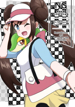 1girl ;d bag blue_eyes brown_hair double_bun from_side gen_5_pokemon hair_bun long_hair looking_at_viewer nintendo on_shoulder one_eye_closed open_mouth pokemon pokemon_(creature) pokemon_bw2 pokemon_on_shoulder rosa_(pokemon) shirt shoulder_bag smile snivy twintails visor_cap yyukisnow