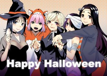 5girls animal_ear_hood arm_around_shoulder black_dress black_hair black_hat black_jacket black_nails blonde_hair blue_eyes bolt_(hardware) breasts choker claw_pose closed_mouth coat commentary_request cosplay dress fake_animal_ears fangs frankenstein&#039;s_monster frankenstein&#039;s_monster_(cosplay) green_eyes hair_over_one_eye halftone halftone_background halloween happy_halloween hat highres hongou_miyuki hood hood_up hug hug_from_behind jacket kitahara_aoba kusunoki_aroma long_hair looking_at_viewer medium_breasts medium_hair multiple_girls mummy_costume neck_ribbon onesie open_clothes open_jacket open_mouth orange_nails pink_eyes pink_hair popped_collar ribbon sawaranaide_kotesashi-kun sayamagaoka_chiyo sharp_teeth shinjou_takuya shirt short_hair smile split_mouth stitched_face stitches striped_clothes striped_shirt sumiyoshi_izumi swept_bangs teeth upper_body vampire_costume witch_hat