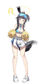 1girl ? animal_ears bare_shoulders black_hair blue_archive blue_eyes blush breasts cheerleader commentary_request dog_ears dog_girl dog_tail ears_up eyewear_on_head full_body halo hibiki_(blue_archive) hibiki_(cheer_squad)_(blue_archive) highres holding holding_pom_poms long_hair looking_at_viewer midriff millennium_cheerleader_outfit_(blue_archive) morishin546 navel official_alternate_costume pom_pom_(cheerleading) pom_poms simple_background skirt sleeveless solo sports_bra standing star_(symbol) star_sticker sticker sticker_on_face stomach tail text_print white_background white_footwear white_skirt