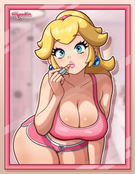 1girl applying_makeup bedroom blonde_hair blue_eyes blush breasts cleavage collarbone earrings eyeshadow high_ponytail jewelry large_breasts leaning_forward lipstick long_hair makeup mario_(series) midriff mirror nintendo nyazuli pearl_earrings pink_eyeshadow pink_lips pink_shirt pink_shorts ponytail princess_peach reflection scrunchie shirt shorts standing tank_top wide_hips