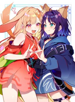 2girls :d animal_ears bare_shoulders black_choker blonde_hair blue_hoodie blush cho_kaguya-hime! choker commentary_request cowboy_shot crescent crescent_hair_ornament forehead_jewel fox_shadow_puppet_kiss green_eyes hair_ornament heart highres hood hood_down hoodie japanese_clothes kaguya_(cho_kaguya-hime!) kimono long_hair long_sleeves looking_at_another lop_rabbit_ears multiple_girls nail_polish open_mouth parted_bangs purple_hair rabbit_ears red_kimono sakayori_iroha short_hair smile standing tawan_(46okuneeen)
