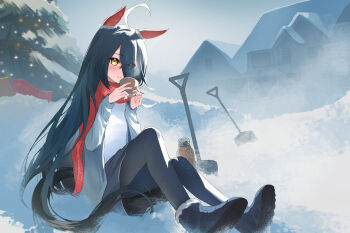 1girl ahoge animal_ears black_hair black_leggings black_pantyhose black_skirt blue_jacket blush boots closed_mouth commentary cup dev_grater ear_covers english_commentary hair_between_eyes highres horse_ears horse_girl horse_tail jacket leggings long_bangs long_hair long_hair_between_eyes long_sleeves looking_at_viewer manhattan_cafe_(umamusume) multicolored_hair open_clothes open_jacket outdoors pantyhose red_scarf scarf shirt shovel sitting skirt smile snow snow_shovel solo tail umamusume very_long_hair white_hair white_shirt yellow_eyes