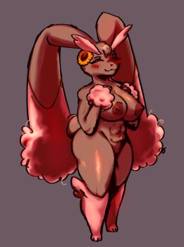 abs alternate_color ass big_breasts breasts brown_fur female_focus flower fur furry gen_4_pokemon grey_background hand_on_breast long_ears lopunny moojuicers muscular muscular_female nintendo nipples plant pokemon pokemon_(creature) pussy rabbit shiny_pokemon simple_background smile solo sunflower thick_thighs thighs tufted_ears uwu