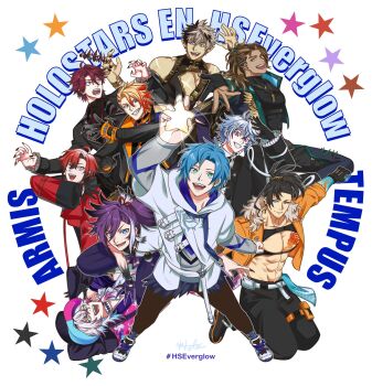 Rule 34 | 6+boys, abs, antenna hair, aqua eyes, axel syrios, axel syrios (1st costume), banzoin hakka, banzoin hakka (1st costume), beard stubble, belt, black gloves, black hair, black hands, black pants, blonde hair, blue eyes, blue hair, blue hands, bracelet, braid, braided bangs, brown hair, chest belt, chest tattoo, colored extremities, crimzon ruze, crown, dark-skinned male, dark skin, earrings, english text, everyone, facial hair, fangs, feather earrings, feather hair ornament, feathers, fingernails, fur-trimmed jacket, fur trim, gavis bettel, gavis bettel (1st costume), gloves, goldbullet, green eyes, group name, hair ornament, hashtag, hat, heterochromia, highres, holding, holding star, holoarmis, holostars, holostars english, holotempus, hood, hoodie, hoto 11010, jacket, jewelry, josuiji shinri, jurard t rexford, large pectorals, layered sleeves, long sleeves, machina x flayon, machina x flayon (1st costume), male focus, multicolored hair, multiple boys, necklace, octavio, open clothes, open jacket, orange eyes, orange gloves, orange jacket, outline, outstretched hand, pants, pectorals, pencil in hair, pink eyes, pointy ears, ponytail, purple eyes, purple hair, purple nails, red eyes, red jacket, red streaks, regis altare, sharp fingernails, sharp teeth, short over long sleeves, short sleeves, side braid, single braid, single hair streak, star (symbol), streaked hair, stubble, tattoo, teeth, top hat, two-tone hair, unworn crown, virtual youtuber, white background, white hair, white hoodie, white outline, white streaks, yellow eyes