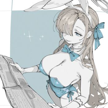 1girl absurdres animal_ear_hairband animal_ears asuna_(blue_archive) asuna_(bunny)_(blue_archive) bare_shoulders blonde_hair blue_archive blue_bow blue_bowtie blue_eyes blue_leotard bow bowtie breasts cleavage collarbone detached_collar fake_animal_ears fake_tail gloves grey_halo groin hair_over_one_eye hairband halo highleg highleg_leotard highres holding holding_newspaper kani_ka_nanika large_breasts leotard long_hair looking_down mole mole_on_breast newspaper parted_lips playboy_bunny rabbit_ear_hairband rabbit_ears rabbit_tail smile solo tail thighs very_long_hair white_gloves