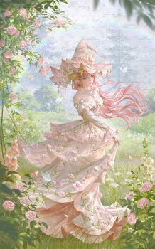 absurdres bare_shoulders beads blue_sky breasts butterfly_hat_ornament chinese_commentary cleavage closed_mouth commentary_request commission day dress dress_flower field flower frilled_headwear frilled_sleeves frills hair_flower hair_ornament happy hat hat_flower hat_ornament highres infinity_nikki jewelry lace-trimmed_headwear lace_trim layered_sleeves lipstick long_dress long_hair long_sleeves makeup necklace nikki_(nikki) nikki_(series) off-shoulder_dress off_shoulder official_alternate_color orange_flower outdoors pink_dress pink_eyes pink_flower pink_hair pink_hat pink_lips pink_rose purple_flower rainbow rainfall_&amp;_blossoms_(infinity_nikki) rose sample_watermark short_over_long_sleeves short_sleeves sky sleeves_past_wrists smile tree very_long_hair watermark watermark_grid wavy_hair white_sleeves wind witch witch_hat zaocan_yi_wan_dianming_zhou