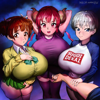 3girls arms_behind_head black_thighhighs blue_eyes blush bow breasts brown_eyes brown_hair crossover fujinoki_nene grabbing_another&#039;s_arm green_skirt grey_hair hajimete_no_gal hand_on_own_chest highres huge_breasts ilulu_(maidragon) keigi kobayashi-san_chi_no_maidragon multiple_crossover multiple_girls open_mouth red_eyes red_hair short_hair shortstack skirt smile socks sugoi_dekai thighhighs tight_clothes uzaki-chan_wa_asobitai! uzaki_hana white_socks