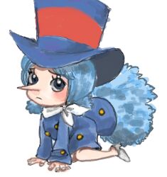 Rule 34 | 1girl, blue coat, blue eyes, blue hair, coat, commentary request, eyelashes, hat, jas (jasjasjasart), long nose, long sleeves, looking at viewer, lowres, mini person, minigirl, neckerchief, one piece, simple background, sitting, solo, tail, top hat, twintails, white neckerchief, wicca