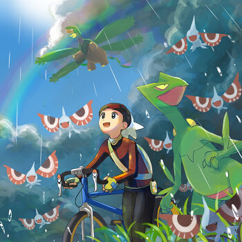 1boy :d bag bicycle black_pants brendan_(pokemon) cloud cloudy_sky colored_sclera colored_skin commentary_request fingerless_gloves gen_3_pokemon gloves green_skin grey_eyes hat long_sleeves looking_up male_focus masquerain nintendo open_mouth outdoors pants pokemon pokemon_(creature) pokemon_rse popcorn_91 rain rainbow red_shirt sceptile shirt shoulder_bag sky smile sunlight tropius white_hat yellow_gloves yellow_sclera