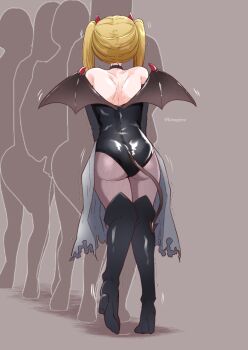 1girl artist_name ass back bare_shoulders black_choker black_footwear black_gloves black_pantyhose blonde_hair boots brown_background choker demon_horns demon_tail demon_wings elbow_gloves fake_tail fake_wings female_focus from_behind full_body gloves halloween_costume have_to_pee heel_up high_heels horns kinagirea knees_together_feet_apart leotard long_hair original pantyhose pigeon-toed queue shiny_clothes signature silhouette simple_background solo_focus standing strapless strapless_leotard tail thigh_boots thighhighs trembling twintails twitter_username wings