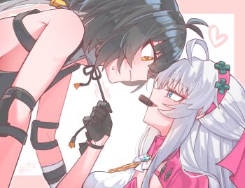 2girls ahoge bare_shoulders black_gloves black_hair blue_eyes blush breasts carlotta_(wuthering_waves) chocolate closed_mouth commentary_request dated elbow_gloves elbow_pads eye_contact female_rover_(wuthering_waves) food_in_mouth gloves grey_hair hairband heart long_hair looking_at_another medium_breasts multiple_girls pink_hairband pulling rover_(wuthering_waves) signature smile starblame sweatdrop wuthering_waves yellow_eyes yuri