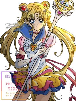 1girl bishoujo_senshi_sailor_moon bishoujo_senshi_sailor_moon_stars blue_sailor_collar blue_skirt brooch choker crescent crescent_earrings crescent_facial_mark earrings eternal_sailor_moon facial_mark hair_bun heart heart_brooch heart_hair_bun highres jewelry layered_skirt parted_bangs pink_skirt pink_sleeves puffy_short_sleeves puffy_sleeves red_choker rockcandy_0000 sailor_collar sailor_moon short_sleeves simple_background skirt solo star_(symbol) star_earrings tsukino_usagi v-shaped_eyebrows white_background winged_wand yellow_skirt