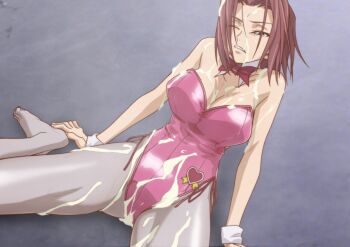 1girl blue_eyes breasts bukkake closed_mouth code_geass covered_erect_nipples cum cum_on_body facial female_focus kouzuki_kallen kyabakurabakufu large_breasts rabbit red_hair short_hair source_request
