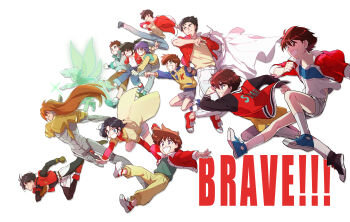 6+boys amami_mamoru amano_kenta arm_around_shoulder armor black_hair black_shirt brown_hair closed_eyes coattails copyright_name daidouji_en densetsu_no_yuusha_da-garn glasses grin harashima_takuya highres hoshikawa_kouta jacket katori_yuutarou kicking letterman_jacket long_hair male_focus mansu multiple_boys orange_hair ougon_yuusha_goldran ponytail punching purple_hair red_jacket senpuuji_maito serizawa_shunpei shirt shirt_tucked_in shishiou_gai shoes smile sneakers suganuma_dai taiyou_no_yuusha_fighbird takasugi_seiji tented_shirt tokimura_kazuki tomonaga_yuuta unworn_eyewear yuusha_exkaiser yuusha_keisatsu_j-decker yuusha_ou_gaogaigar yuusha_series yuusha_shirei_dagwon yuusha_tokkyuu_might_gaine