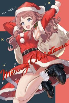 1girl absurdres armpits black_boots blue_eyes boots breasts brown_hair commentary_request detached_sleeves dress frilled_socks frills fur-trimmed_headwear fur_trim gakuen_idolmaster hanami_saki hat highres idolmaster long_hair medium_breasts open_mouth pom_pom_(clothes) santa_costume santa_dress santa_hat socks solo very_long_hair white_socks zaofeng