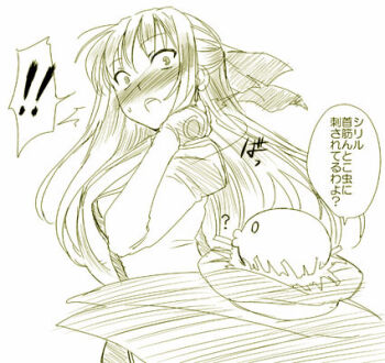 1girl ? blush bow cyrille_(shining_force_exa) dr.p dress earrings greyscale hair_bow jewelry long_hair long_sleeves looking_at_viewer lowres monochrome open_mouth shining_(series) shining_force_exa simple_background sweatdrop white_background