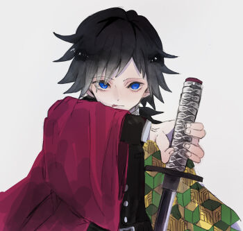 1boy absurdres anko_(iume11) black_hair black_jacket blue_eyes buttons closed_mouth commentary_request demon_slayer_uniform fingernails haori high_collar highres holding holding_sword holding_weapon jacket japanese_clothes katana kikkoumon kimetsu_no_yaiba long_hair looking_at_viewer low_ponytail male_focus ponytail print_haori red_haori simple_background solo spiked_hair sword tomioka_giyuu weapon white_background