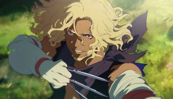 Rule 34 | 1boy, bandana, bandana around neck, beard, between fingers, black bandana, black vest, blonde hair, blurry, blurry background, commentary, curly hair, dark-skinned male, dark skin, detached sleeves, facial hair, gloves, grass, grin, hair between eyes, highres, holding, holding knife, kiko (killing me/killing you), killing me/killing you, knife, knives between fingers, looking at viewer, medium hair, narita imomushi, open clothes, open vest, outdoors, purple eyes, smile, solo, sunlight, upper body, vest, white gloves, white sleeves